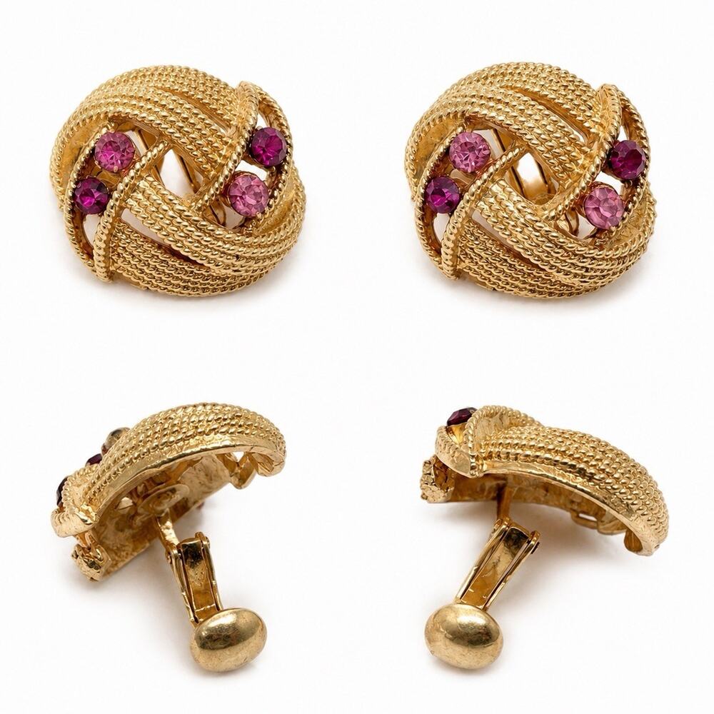 Vintage Gold Tone Knot Clip On Earrings Pink Rhinestones Textured Statement
